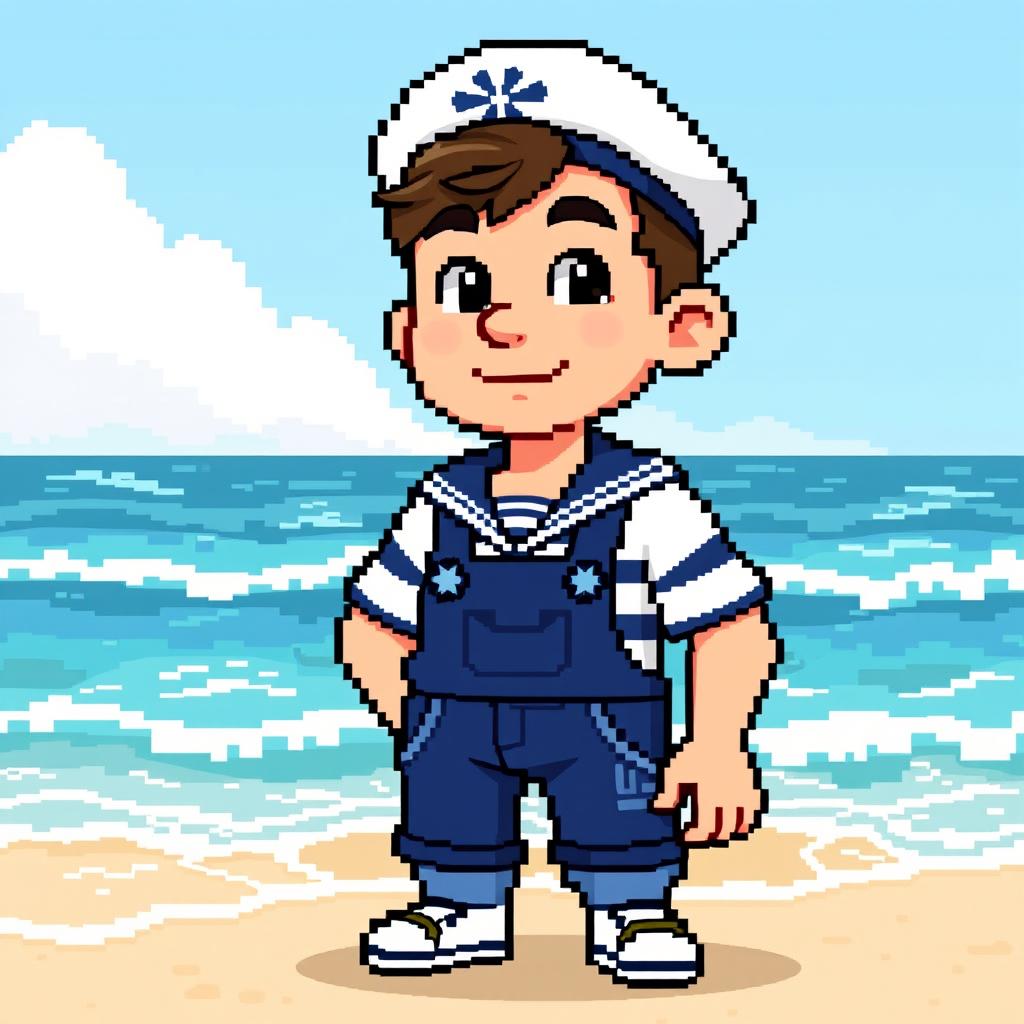 A pixel art character design of a sailor boy, capturing a mature look rather than a childish one
