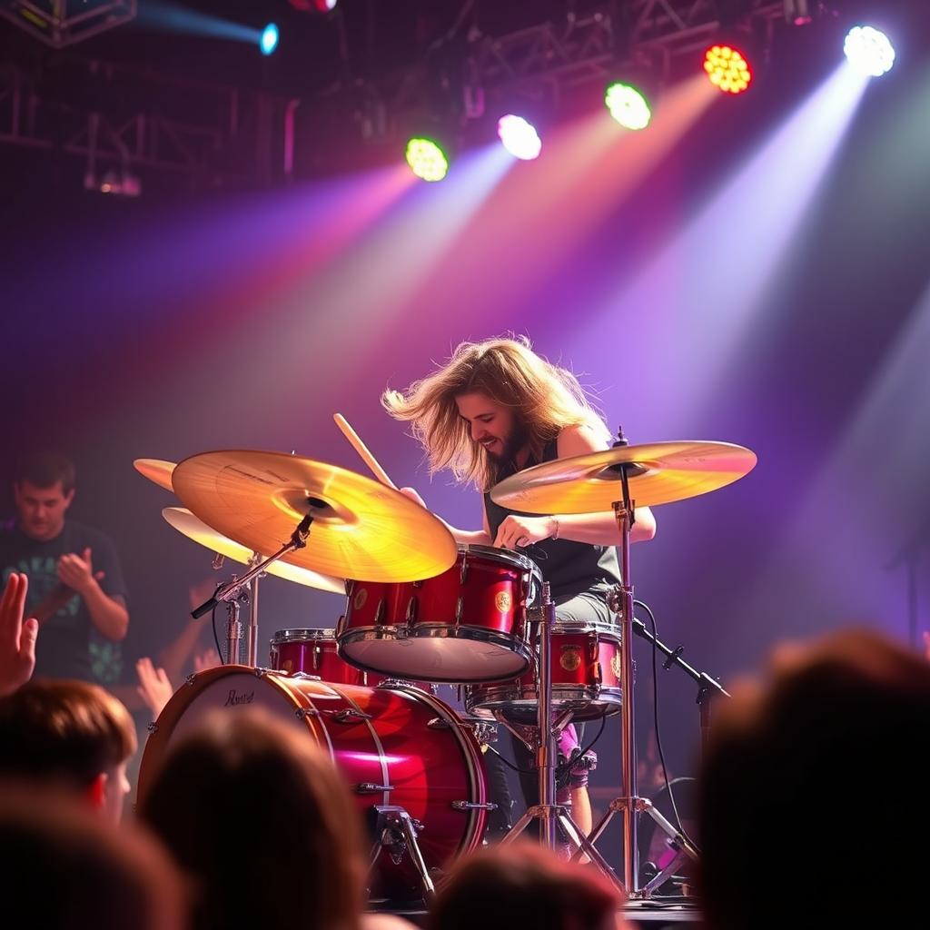 A skilled drummer passionately performing on stage, surrounded by dynamic lighting and an enthusiastic audience