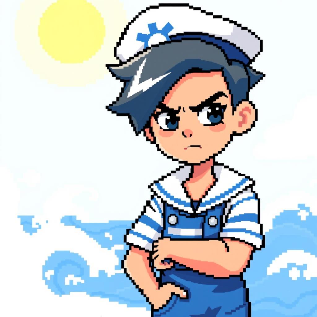 A pixel art character design of a sailor boy, designed to have a mature and confident look