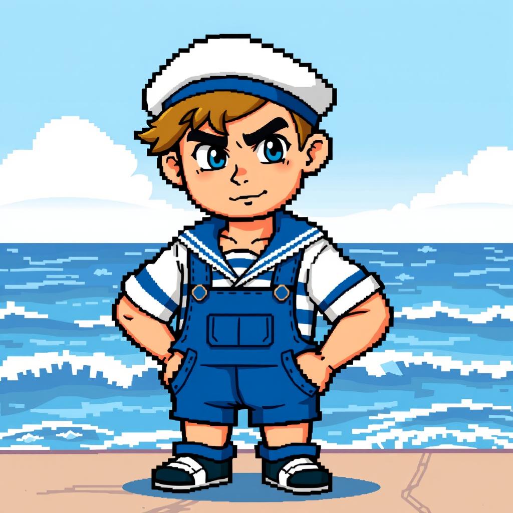 A pixel art character design of a sailor boy, emphasizing a mature and confident look