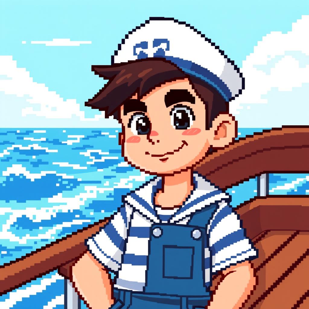 A pixel art character design of a sailor boy, focusing on a mature and adventurous appearance