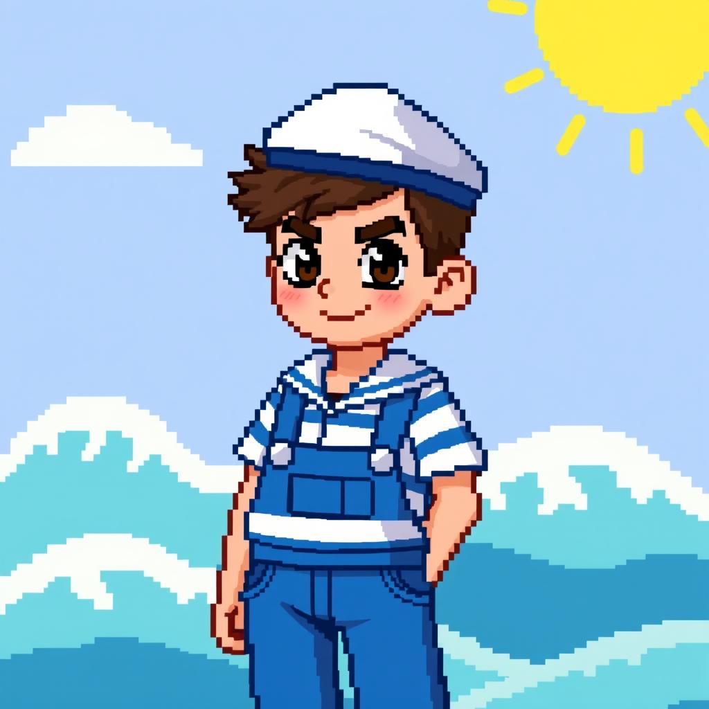 A pixel art representation of a sailor boy character for a video game, featuring a mature and adventurous appearance