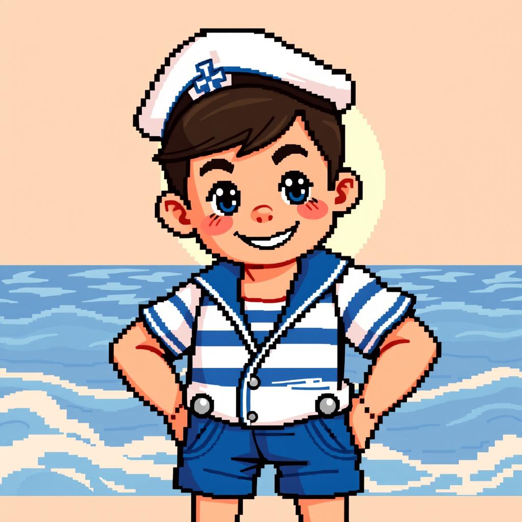 A pixel art character design of a sailor boy, showcasing a mature and adventurous appearance