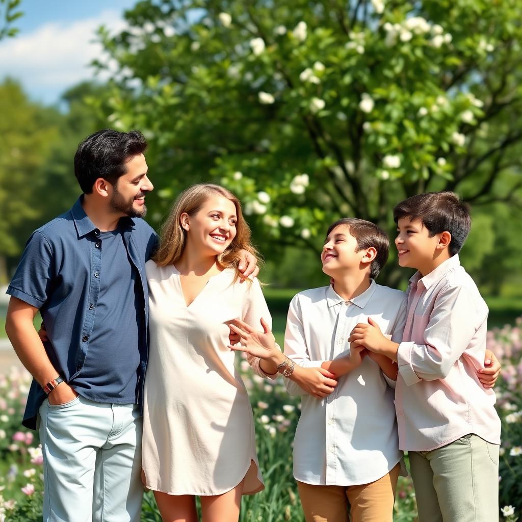 A warm and inviting family portrait featuring a happy family of four: a father, a mother, a teenage daughter, and a young son, all wearing coordinating outfits with soft pastel colors