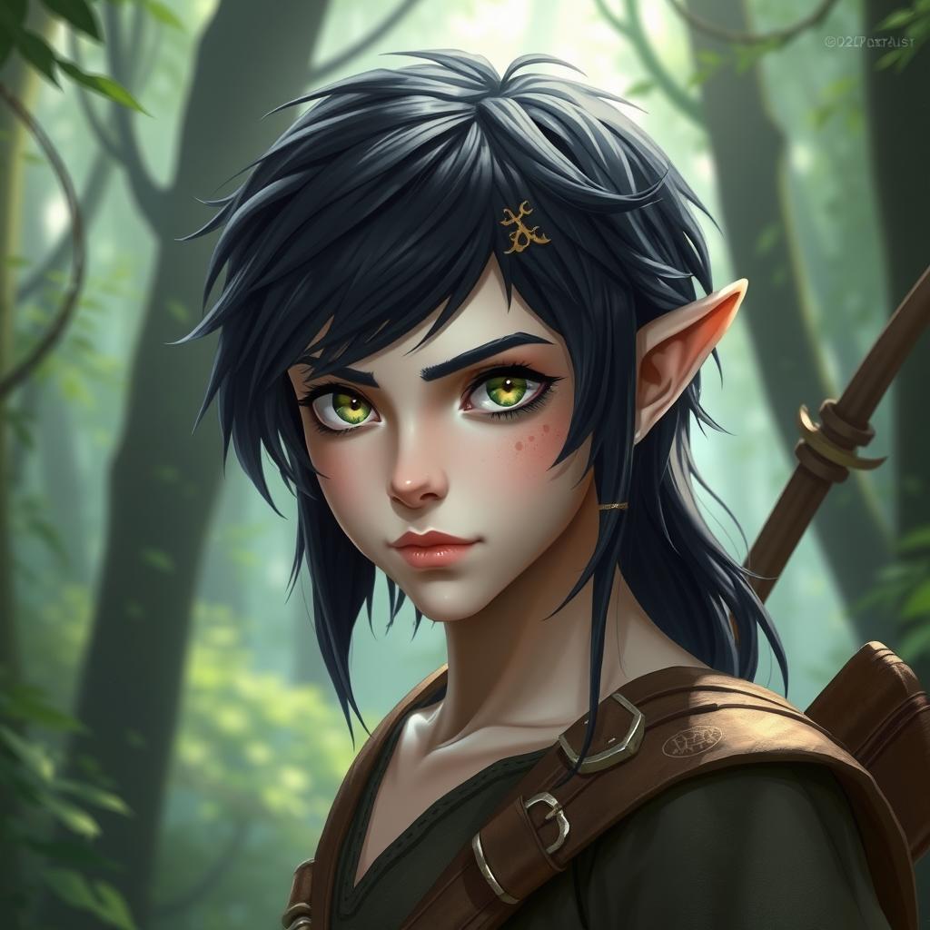 A half-elf ranger standing in a mystical forest, showcasing their ash green eyes that glimmer with wisdom and adventure