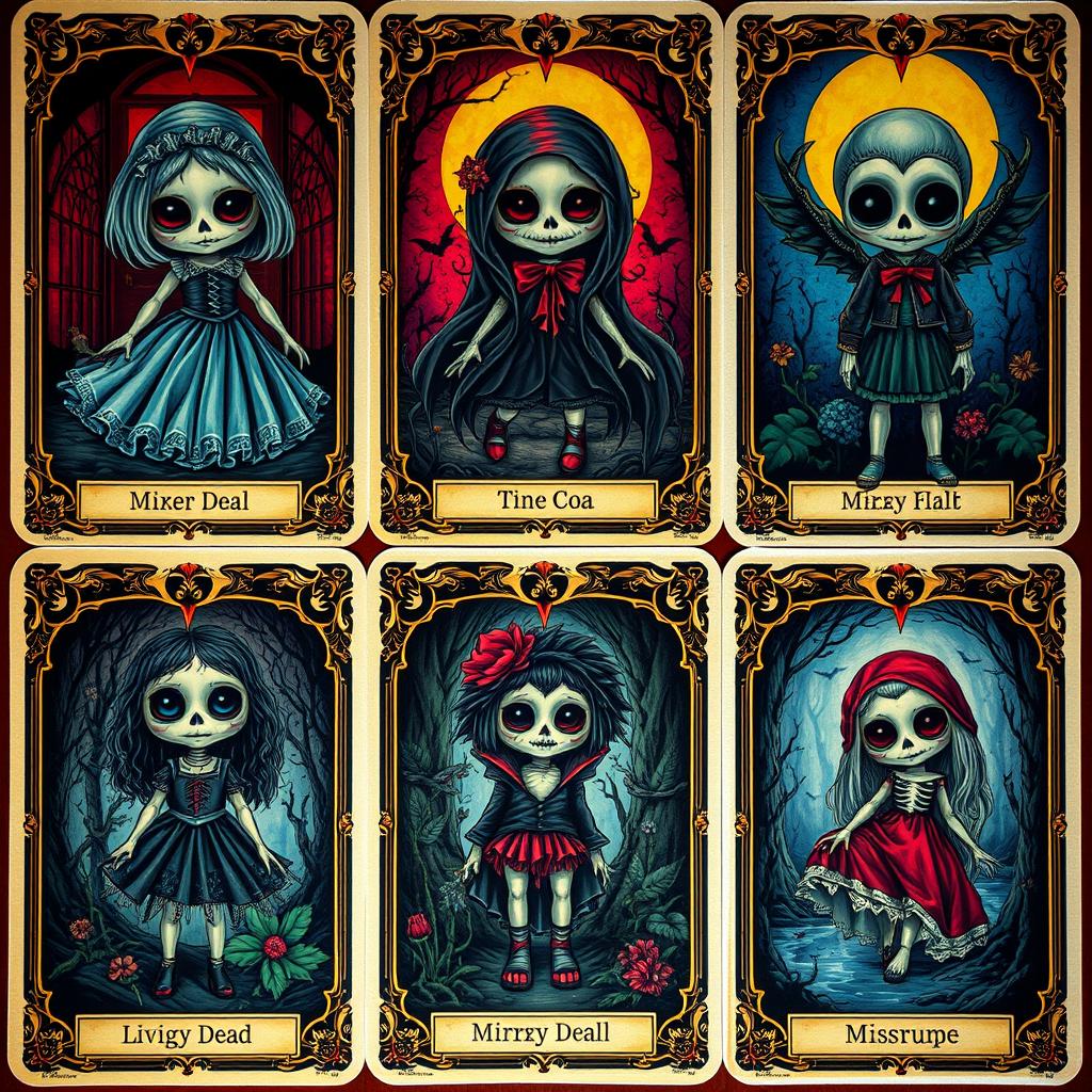 A stunning collection of Living Dead Dolls stylized as intricate tarot cards