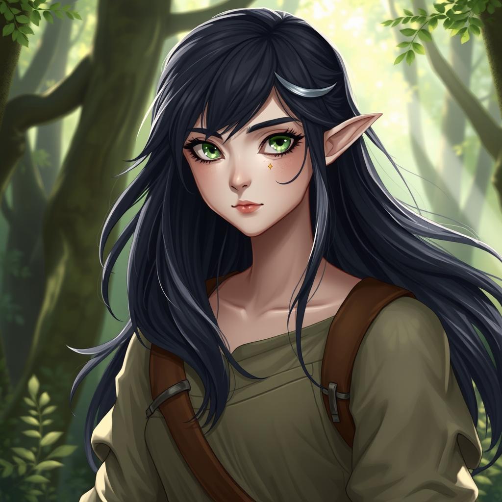 A half-elf ranger with ash green eyes and flowing black hair that features a unique silver strand, standing with an air of confidence