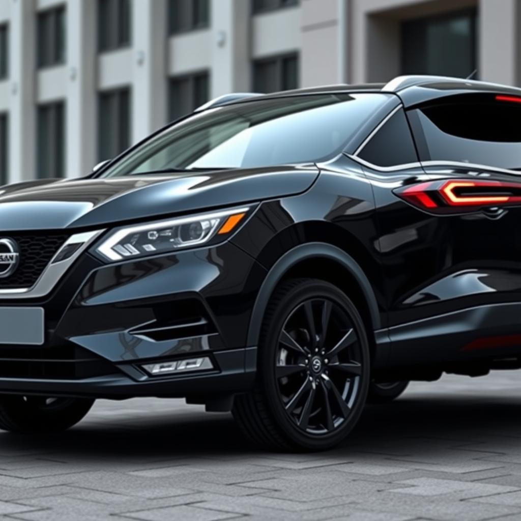 A striking full view of a Nissan Qashqai J11 in a sleek all-black color scheme, showcasing its stylish and aggressive exterior design