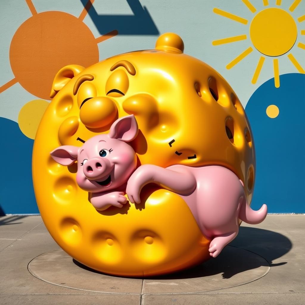 A whimsical and artistic statue combining a large golden cheese wheel shaped like Tim (a cartoon character) and a joyful pig intertwined around it