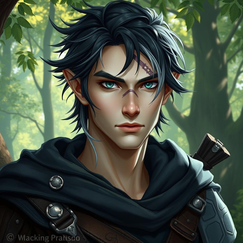 A half-elf male ranger with striking ash-green eyes, flowing black hair featuring a distinctive silver strand, and fair white skin