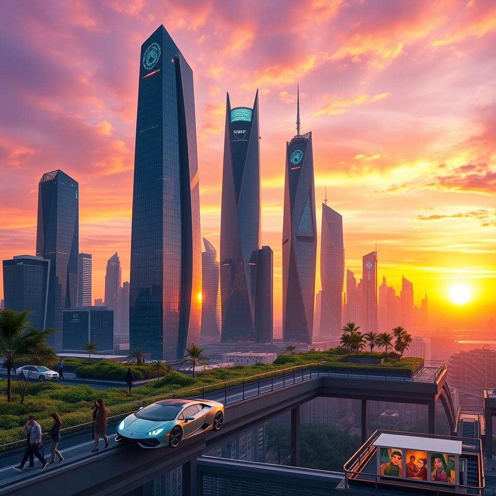 A stunning futuristic city skyline at sunset, showcasing sleek skyscrapers with glimmering glass facades and neon lights, cars flying softly in the foreground with a purple and orange sky, featuring lush greenery on rooftop gardens