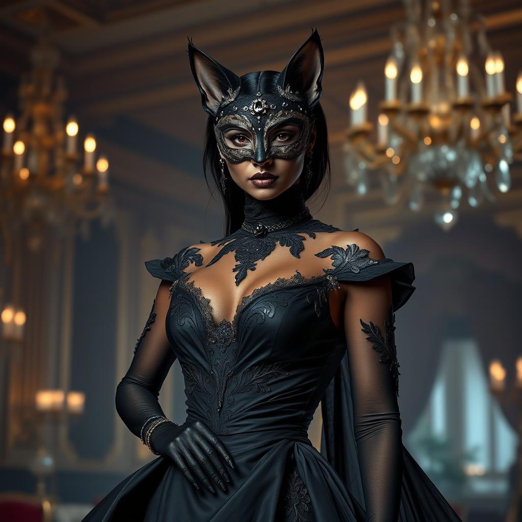 A stunning black catwoman elegantly dressed as a wealthy lady, wearing a luxurious black gown that flows beautifully, adorned with exquisite details and embellishments