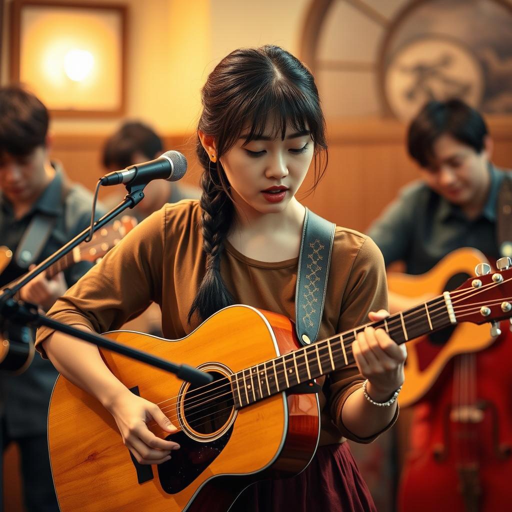 A woman with long hair, wearing a comfortable sweater, playing an acoustic guitar in an indoor setting