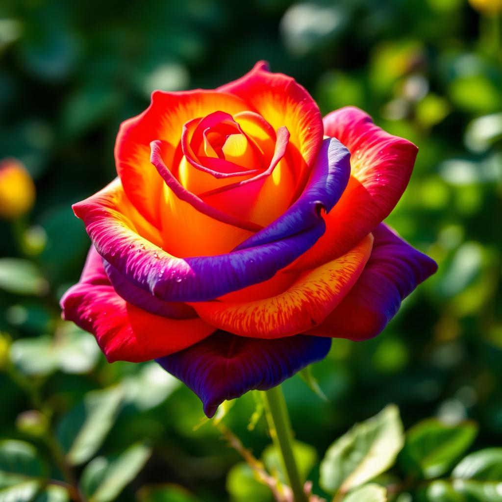 A beautiful rose with multicolored petals in vibrant shades of red, yellow, blue, and purple, sitting gracefully in a lush green garden