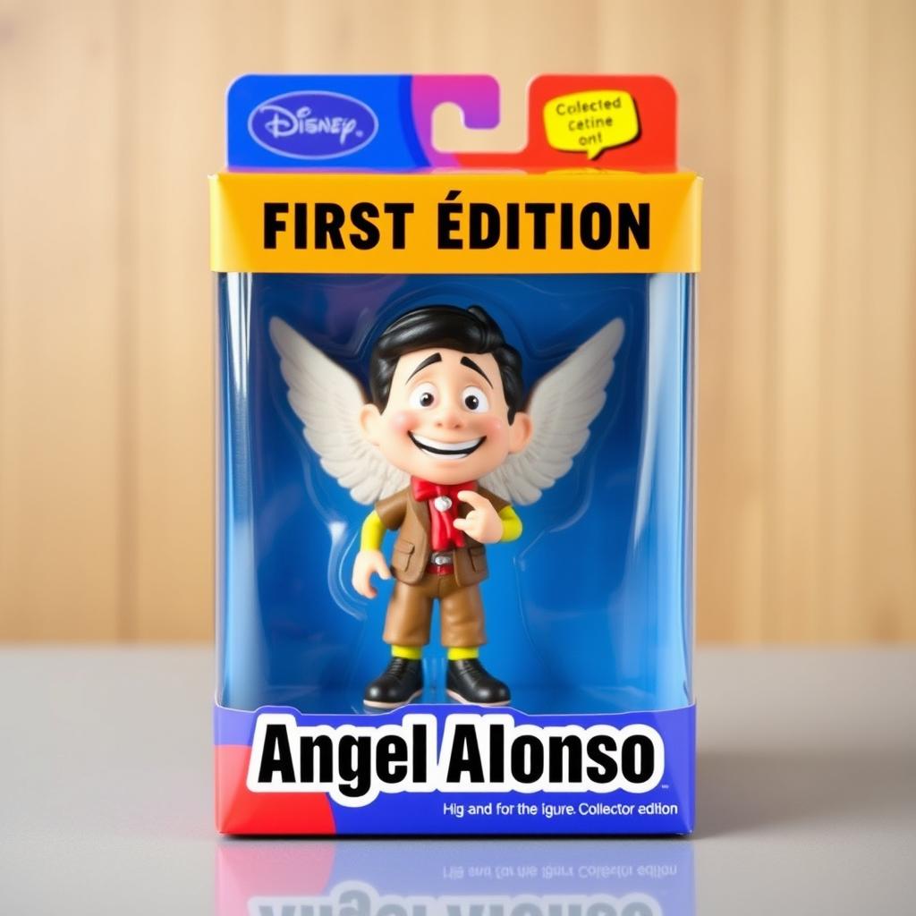 A collectible toy figure inspired by the animated look from the 2009 film 'UP', featuring a character named Angel Alonso