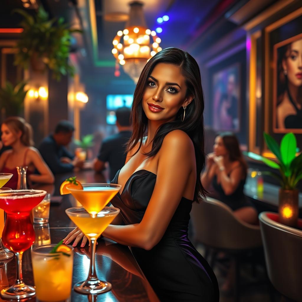 A stunningly alluring nightlife scene featuring a confident, attractive woman in a stylish cocktail dress, standing at an elegant bar