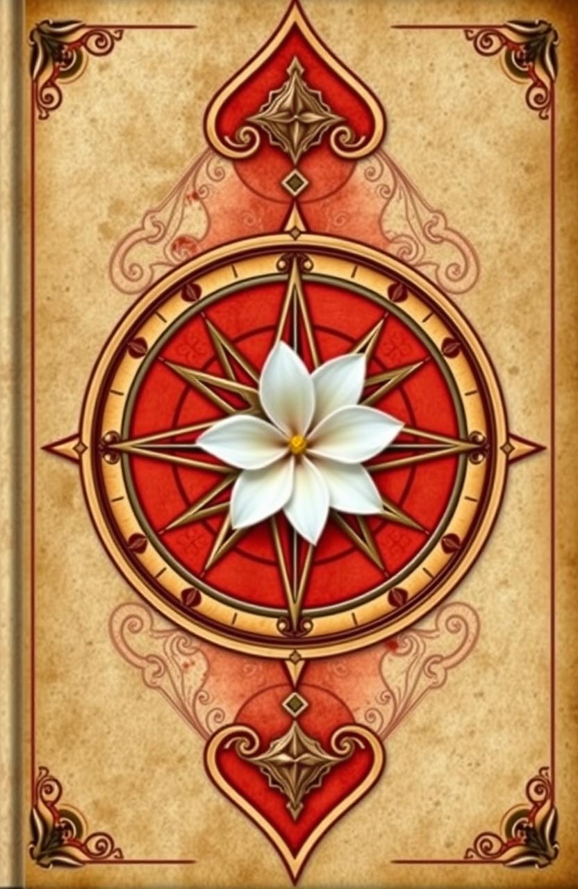 A captivating book cover for a medieval novel, featuring a central design of a compass rose (rose of the winds), with a white Plumeria Rubra beautifully placed at its center