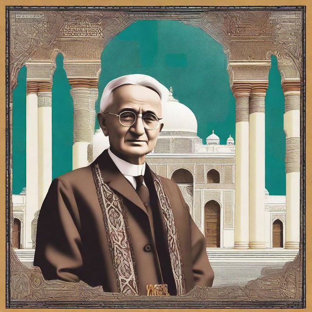 Create an image of Dale Carnegie - famous writer and lecturer, adorned in traditional Uzbekistani attire, with Uzbekistan's distinctive architectural background.