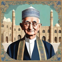 Create an image of Dale Carnegie - famous writer and lecturer, adorned in traditional Uzbekistani attire, with Uzbekistan's distinctive architectural background.