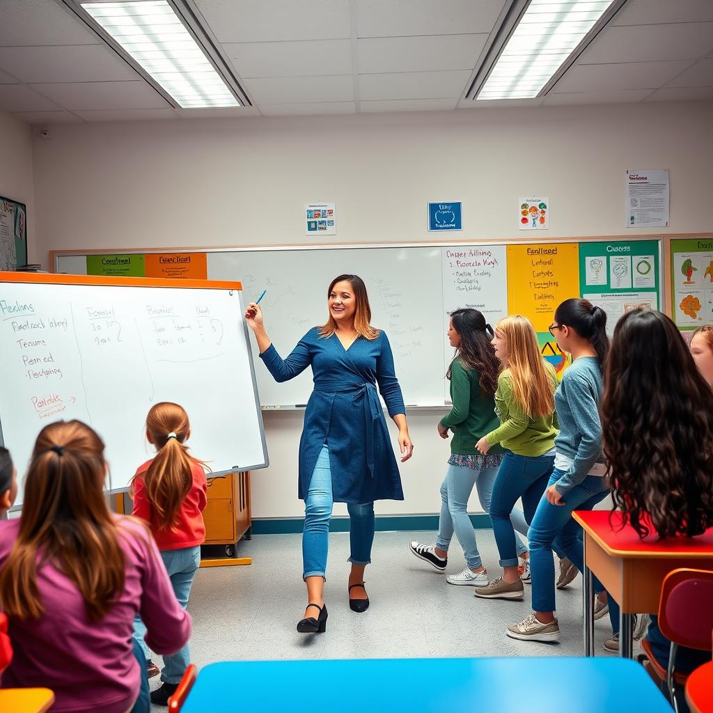 A vibrant and engaging classroom scene featuring a female teacher in her mid-thirties, confidently standing at the front
