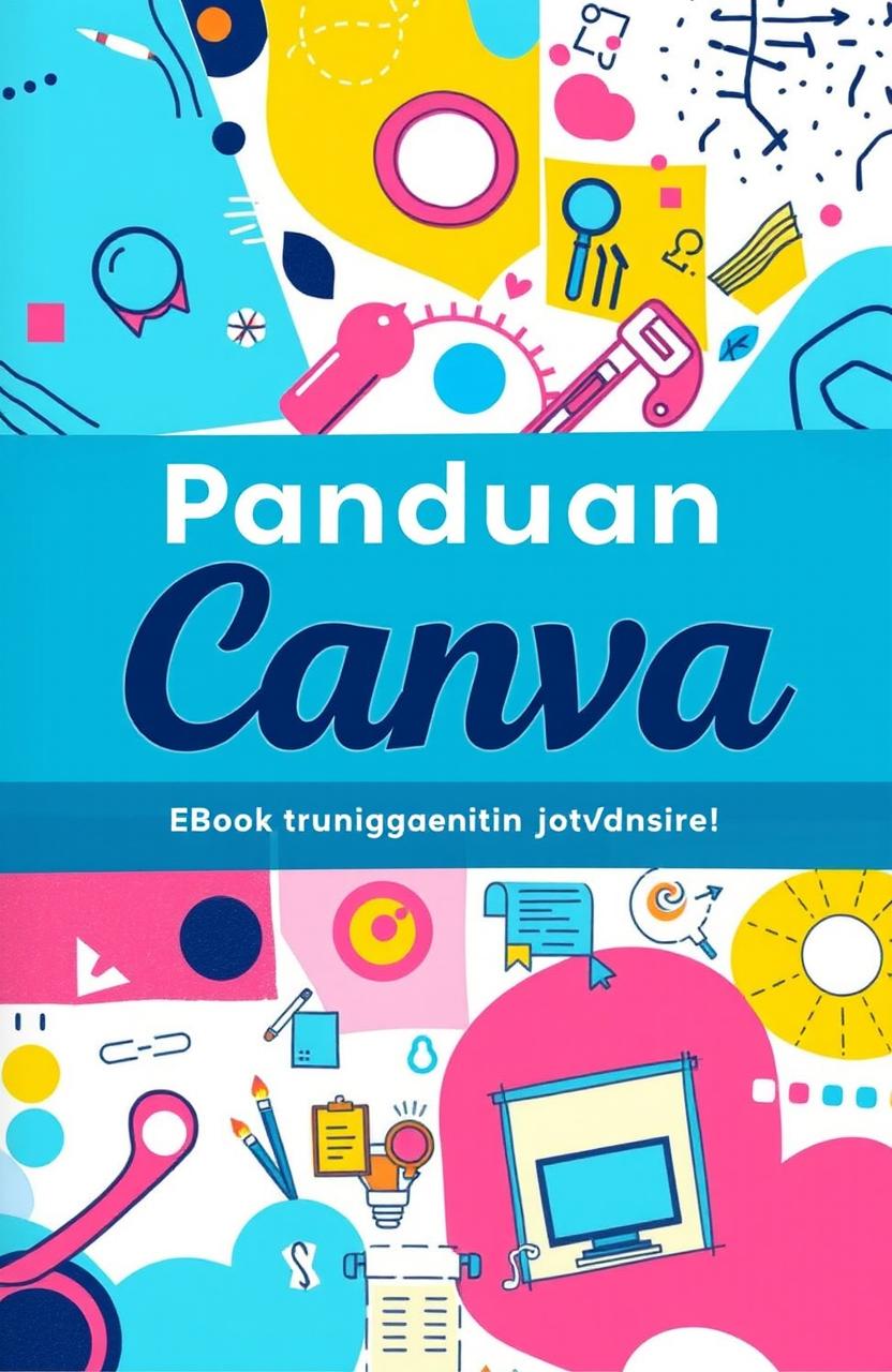 A vibrant and eye-catching eBook cover for a Canva guide, featuring a collage of design elements like colorful graphics, typography, and digital art tools
