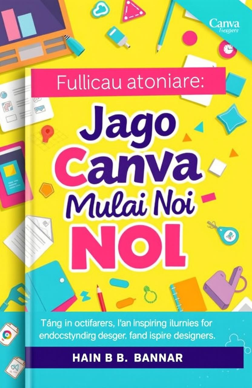 A vibrant and engaging ebook cover design for 'Jago Canva Mulai Nol', featuring a creative workspace with Canva interface elements, colorful illustrations of design tools like typography, shapes, and color palettes