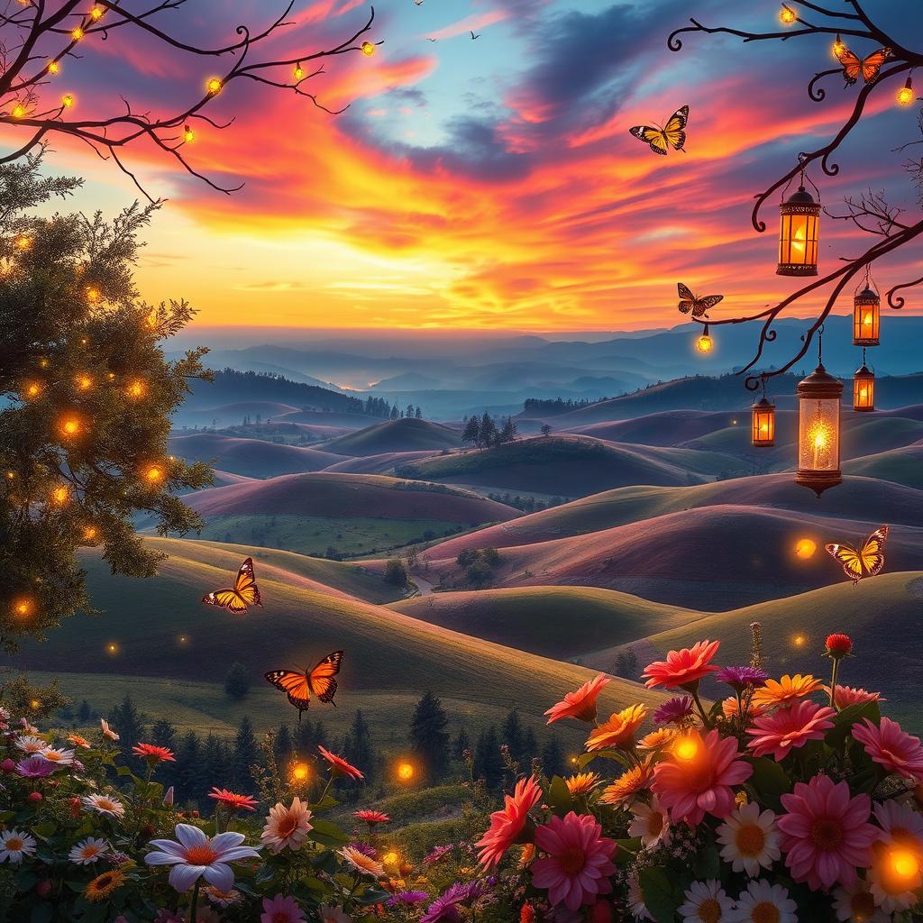 A beautifully edited photo featuring a stunning landscape with rolling hills under a vibrant sunset sky