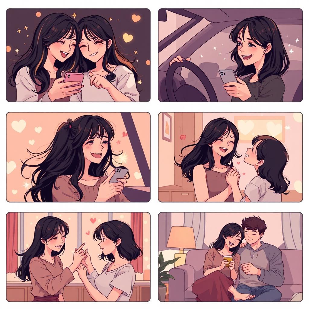 A storyboard of six heartwarming moments between two girls with black hair, one with long hair and the other with short hair