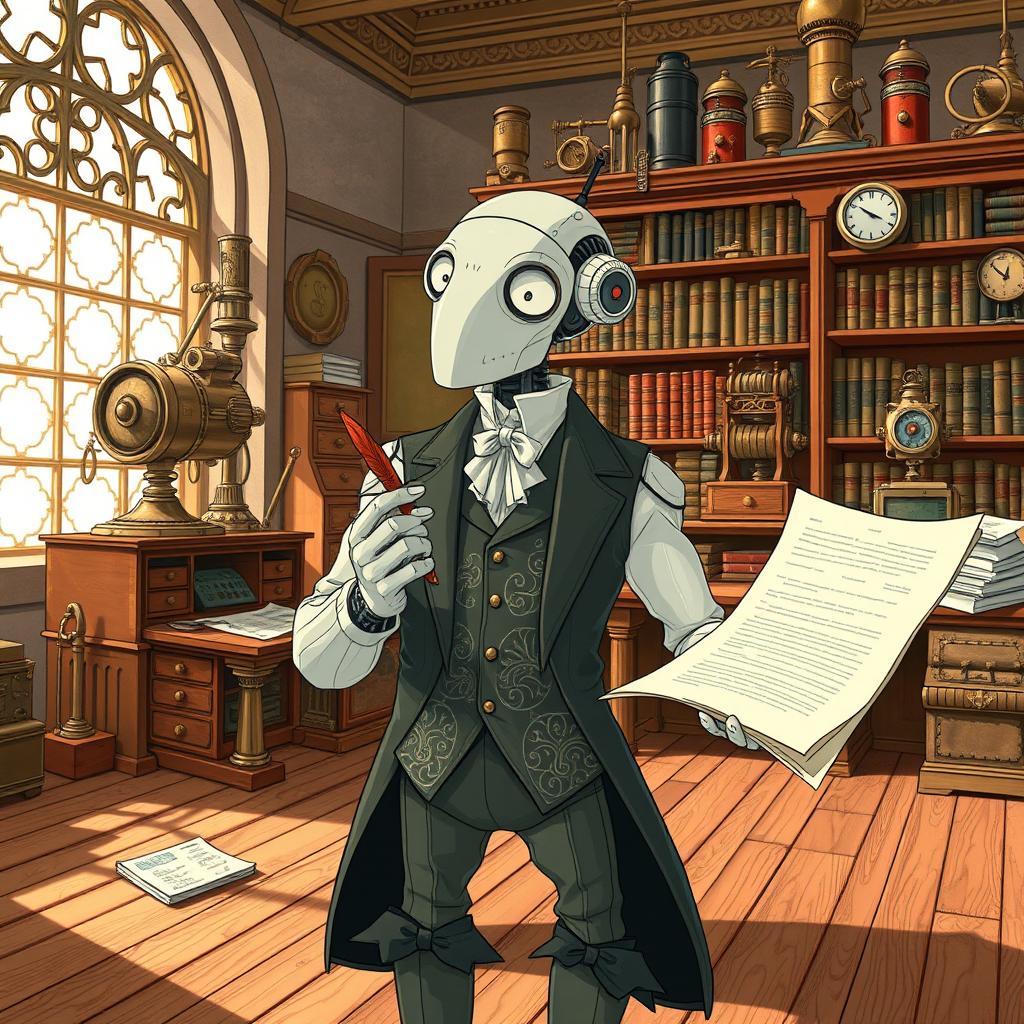 A whimsical yet insightful illustration portraying an AI character set in the Victorian era, dressed in a high-collared waistcoat with intricate patterns, surrounded by vintage machinery and paradoxically modern technological devices that symbolize advanced computation