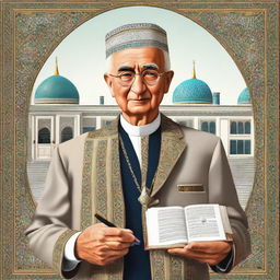 Create an image of Dale Carnegie - famous writer and lecturer, adorned in traditional Uzbekistani attire, with Uzbekistan's distinctive architectural background.