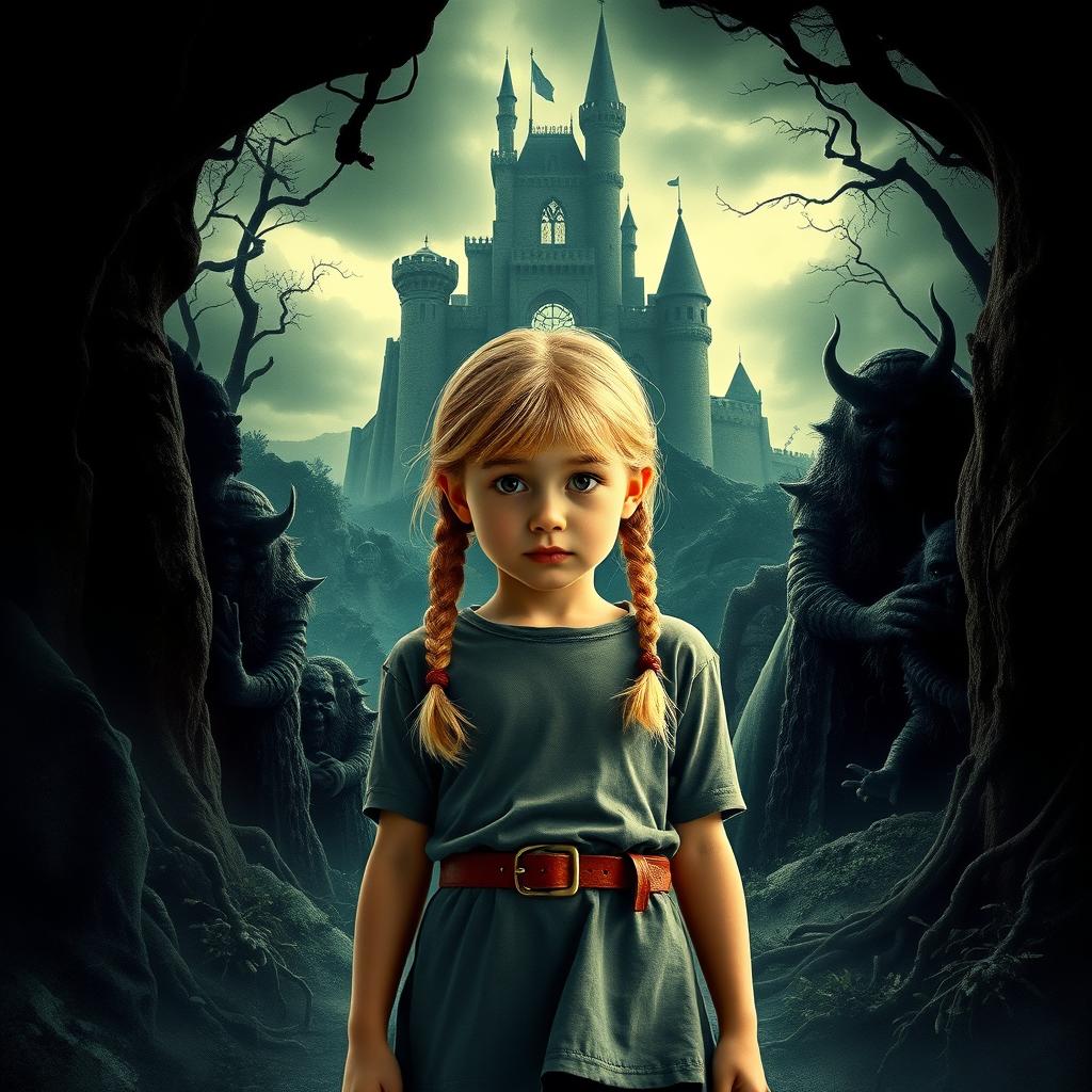 A movie poster depicting an Italian girl with blond hair styled in two side braids, around 8 years old, dressed in modern clothing