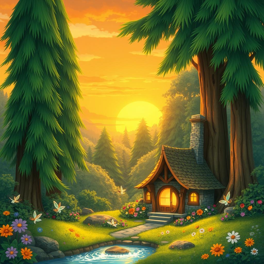 A whimsical scene depicting a lush, enchanted forest inspired by Studio Ghibli, featuring tall, vibrant green trees with soft, glowing lights peeking through the branches