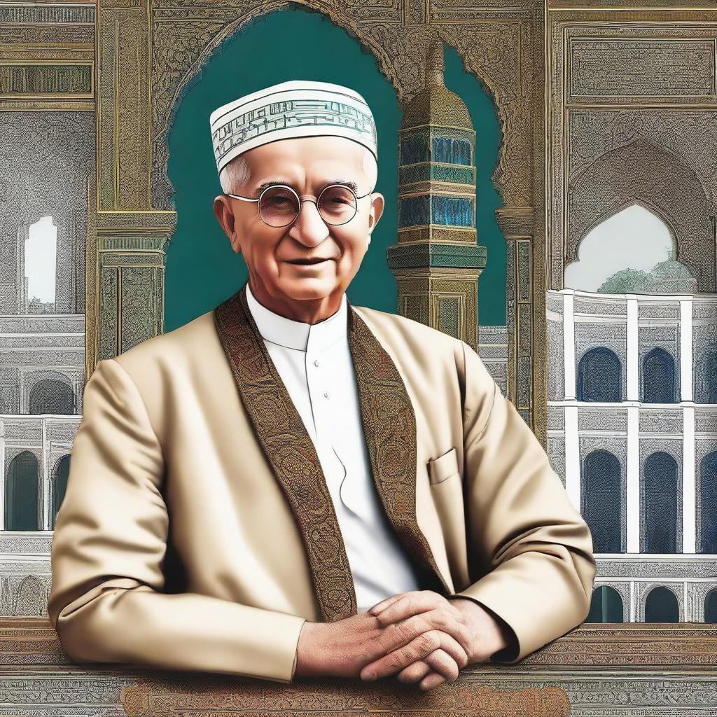 Create an image of Dale Carnegie - famous writer and lecturer, adorned in traditional Uzbekistani attire, with Uzbekistan's distinctive architectural background.