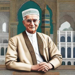 Create an image of Dale Carnegie - famous writer and lecturer, adorned in traditional Uzbekistani attire, with Uzbekistan's distinctive architectural background.