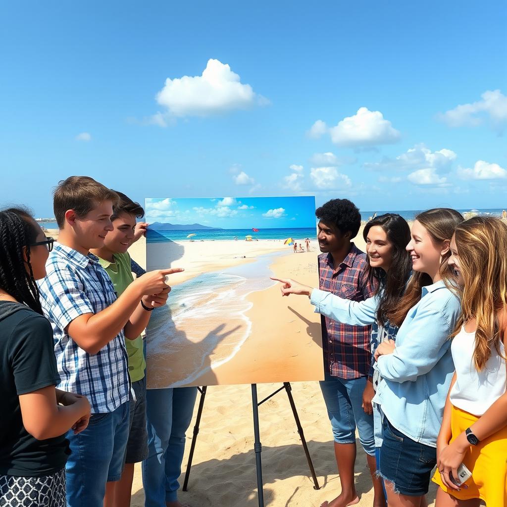 A vibrant beach scene with a group of diverse students, including both male and female individuals, gathered around a large picture of the beach
