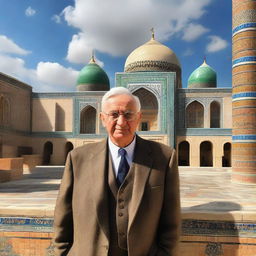 Generate a photo-realistic image of Dale Carnegie in Samarkand, Uzbekistan, surrounded by the city's ancient buildings and vibrant culture.