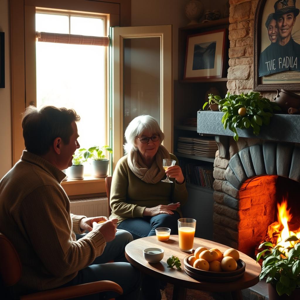 A cozy house interior filled with warmth and light, featuring two travelers sharing stories by a crackling fireplace