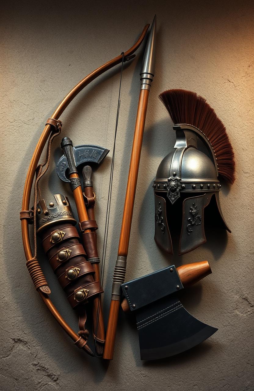A beautifully arranged circle composed of a traditional wooden bow with intricate carvings, a sleek javelin with a sharp metallic tip, a detailed gladiator helmet with decorative embellishments, sturdy arm braces made of aged leather, and a fearsome Viking axe with a broad blade