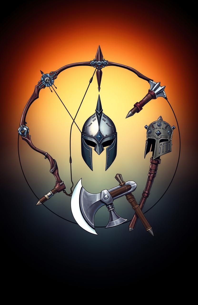 An artistic depiction of a circle composed of a bow, a javelin, a gladiator helmet, arm braces, and a Viking axe