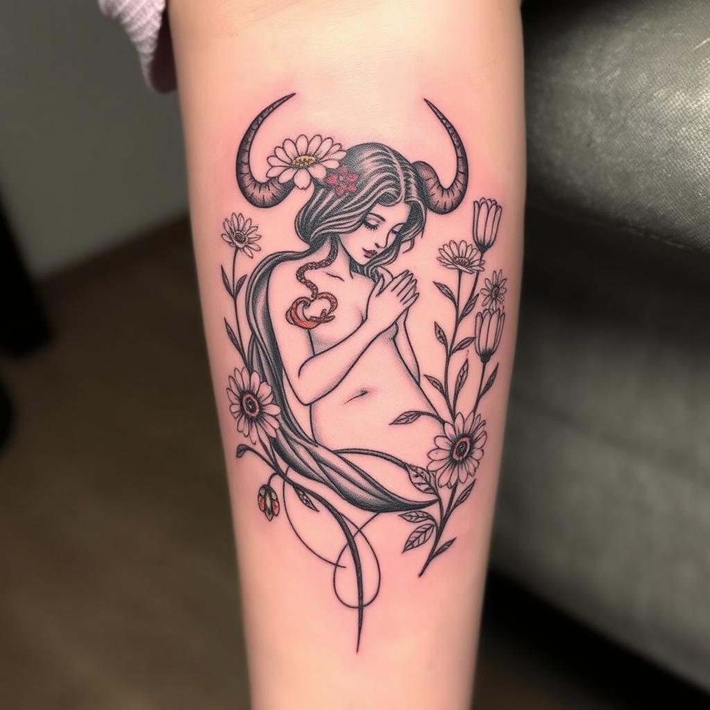 A tattoo design featuring the feminine side of the Taurus zodiac sign, beautifully integrating elements of spring flowers that bloom in April such as daisies and tulips