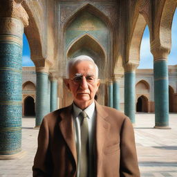 Generate a photo-realistic image of Dale Carnegie in Samarkand, Uzbekistan, surrounded by the city's ancient buildings and vibrant culture.