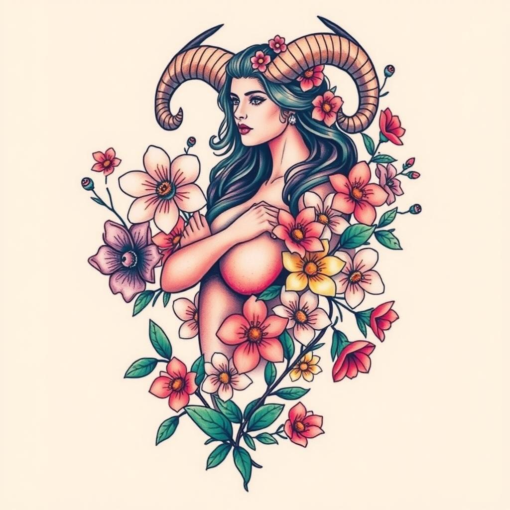 A tattoo design featuring a Taurus zodiac sign represented by a powerful woman adorned with flowers that bloom in April