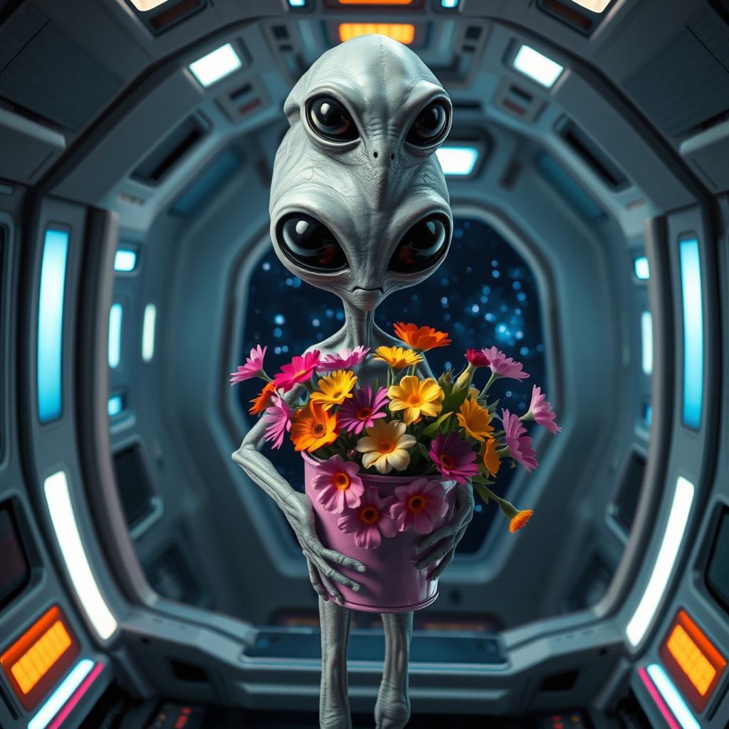 An alien with gray skin and large, completely black eyes, no white sclera, stands inside a futuristic spaceship