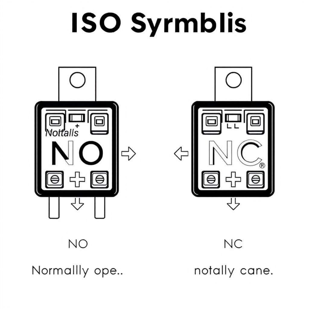 A detailed illustration of the ISO symbols for a relay, showcasing both normally open (NO) and normally closed (NC) states