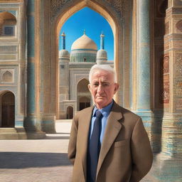 Generate a photo-realistic image of Dale Carnegie in Samarkand, Uzbekistan, surrounded by the city's ancient buildings and vibrant culture.