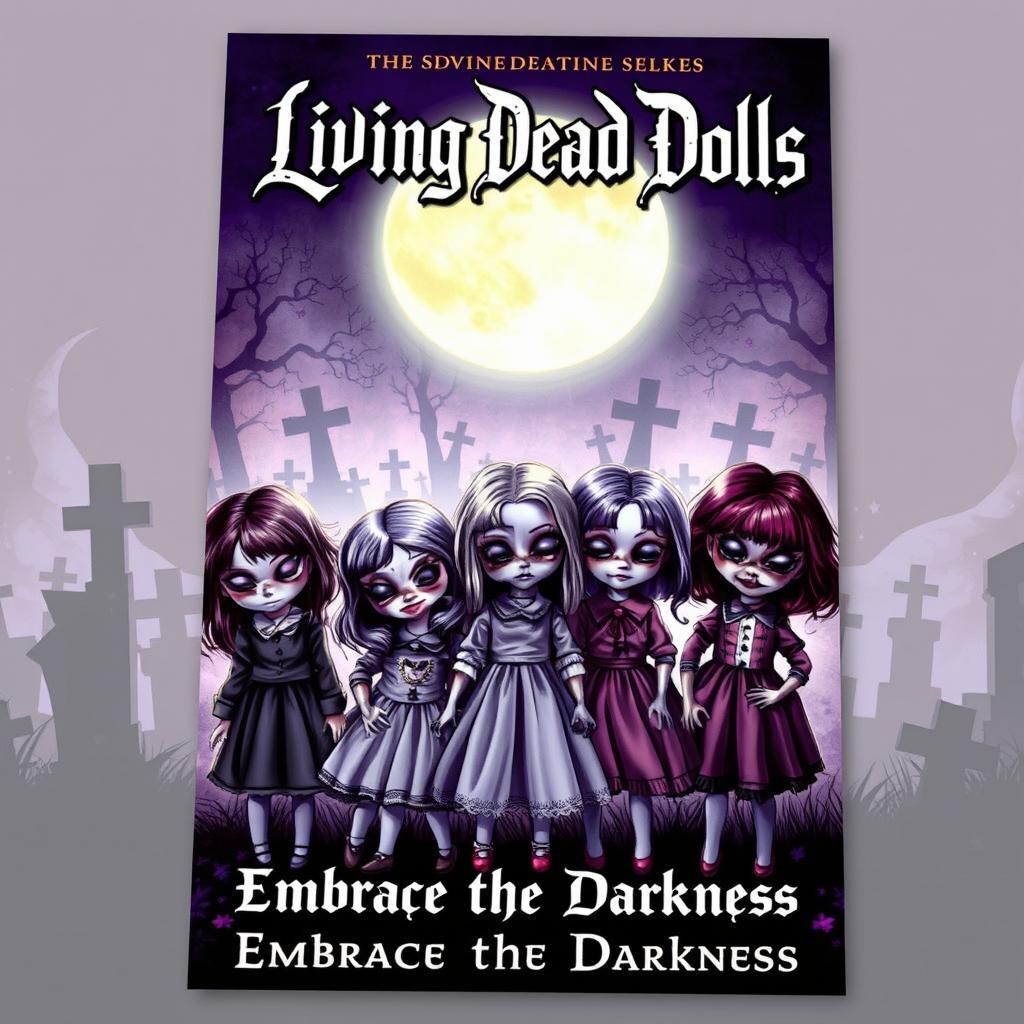 A captivating comic book cover titled "Living Dead Dolls" featuring a chillingly beautiful scene