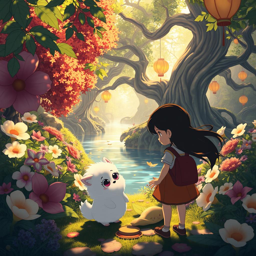 A whimsical and fantastical scene inspired by Ghibli animation, featuring a lush, enchanting forest filled with colorful, oversized flowers and magical creatures