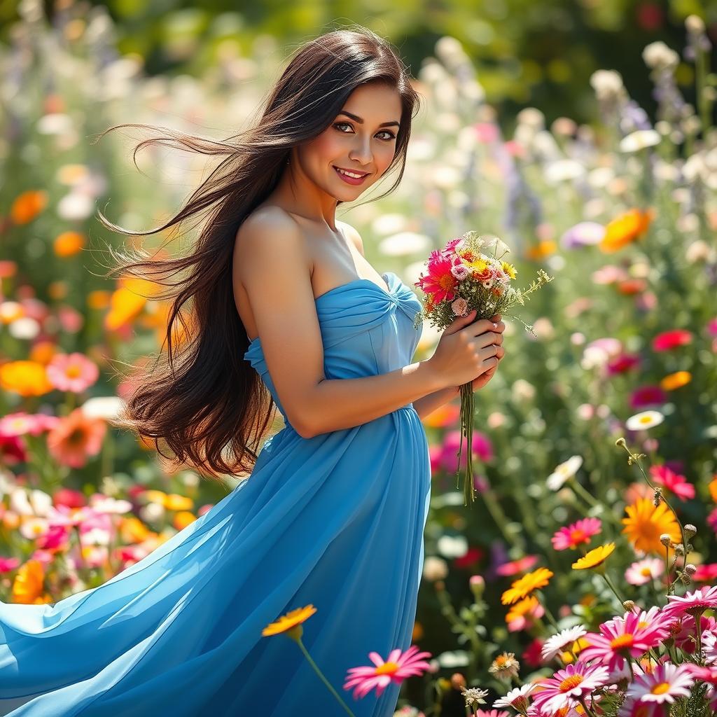 A beautiful lady with long, flowing dark hair and sparkling green eyes