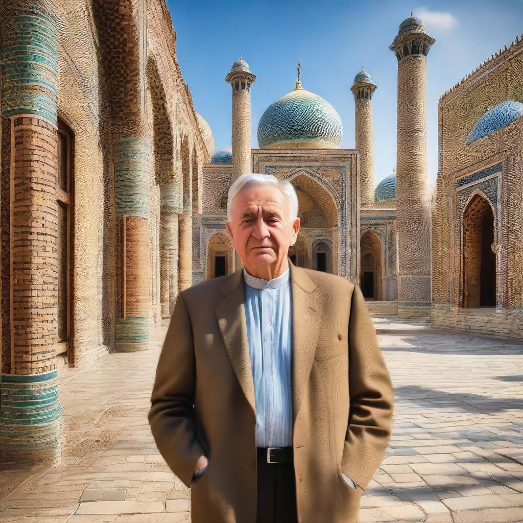 Generate a photo-realistic image of Dale Carnegie in Samarkand, Uzbekistan, surrounded by the city's ancient buildings and vibrant culture.