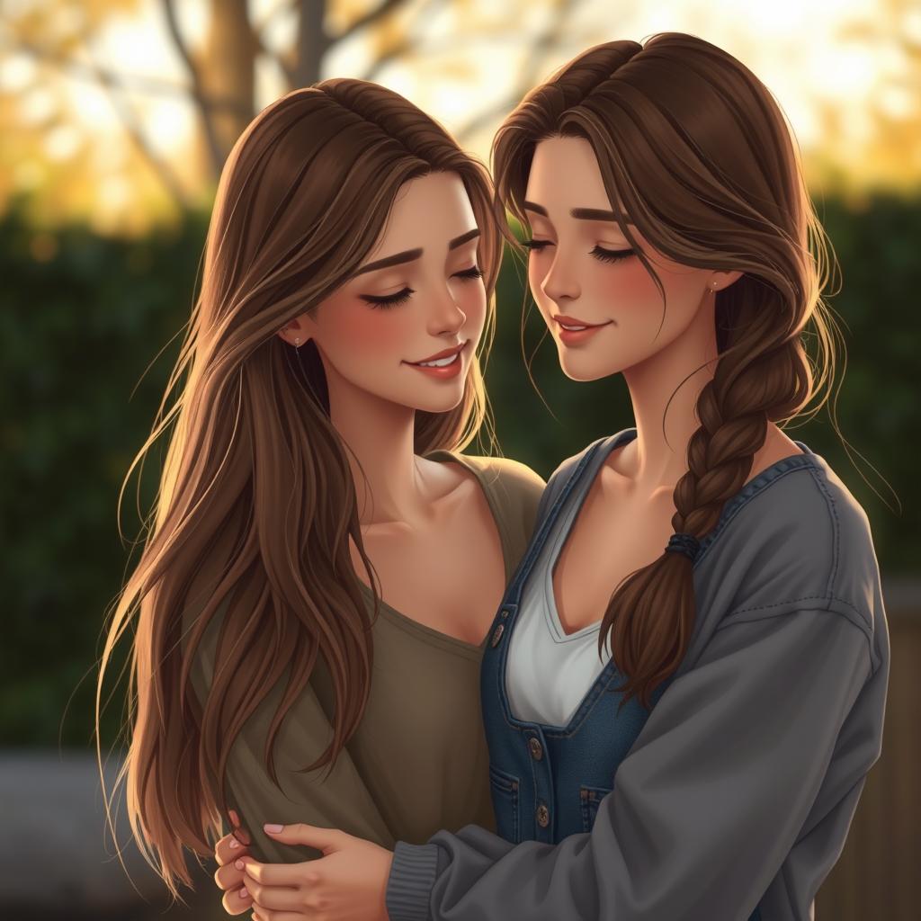 A realistic portrayal of a loving female partner for a girl, showcasing tenderness and warmth in their relationship